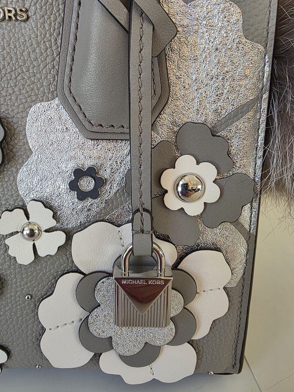Michael Kors Mercer Floral Leather Crossbody Satchel Pearl Grey Limited Edition - Picture 9 of 13
